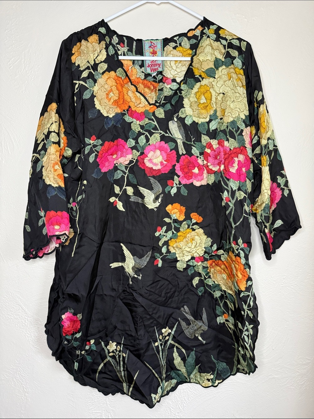 Johnny Was 100% Silk Floral Bird Print Tunic Blouse Size Small
